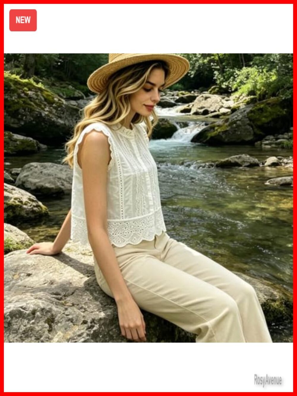 Women's Eyelet Lace Trim Sleeveless Boho Babydoll Top Cropped A-Line Flowy Tank - Picture 5 of 6